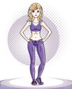 Young beautiful blonde slim woman adult standing. Vector illustration of nice lady wearing leggings and short shirt. Work out and