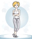 Young beautiful blonde sporty woman standing. character w