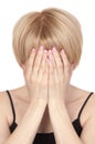 Young beautiful blonde woman covers her face Royalty Free Stock Photo