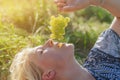 Young beautiful blonde woman eating bunch of grapes in nature in sun rays Royalty Free Stock Photo