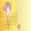 Young beautiful blonde woman relaxing by the sea in swimsuit. Beach girl, bikini, summer holidays. Glamour model. Vector comic Royalty Free Stock Photo