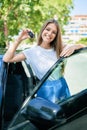 Young beautiful blonde woman smiling happy driving car Royalty Free Stock Photo