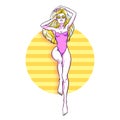 Young beautiful blonde woman in swimsuit. Beach girl, bikini, summer holidays. Glamour model. Vector comic illustration Royalty Free Stock Photo