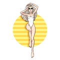 Young beautiful blonde woman in swimsuit. Beach girl, bikini, summer holidays. Glamour model. Vector comic illustration Royalty Free Stock Photo