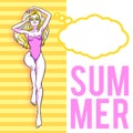 Young beautiful blonde woman in swimsuit. Beach girl, bikini, summer holidays. Glamour model. Vector comic illustration Royalty Free Stock Photo