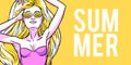 Young beautiful blonde woman in swimsuit. Beach girl, bikini, summer holidays. Glamour model. Vector comic illustration Royalty Free Stock Photo