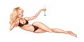 Young beautiful blonde woman in swimsuit holding a champagne glass. Summer holidays party girl. Glamour pin-up model. Vector comic