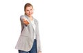 Young beautiful blonde woman wearing elegant jacket smiling cheerful offering palm hand giving assistance and acceptance Royalty Free Stock Photo