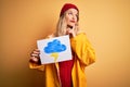 Young beautiful blonde woman wearing raincoat holding banner with cloud thunder image serious face thinking about question, very