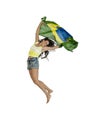 Young beautiful Brazil supporter jumping with Brazil flag