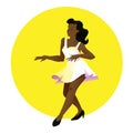 Young beautiful brazilian girl in white dress dances. Vector illustration. People on yellow circular background in flat style.