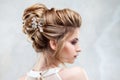 Young beautiful bride with an elegant high hairdo. Wedding hairstyle with the accessory in her hair Royalty Free Stock Photo