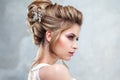 Young beautiful bride with an elegant high hairdo. Wedding hairstyle with the accessory in her hair Royalty Free Stock Photo