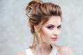 Young beautiful bride with an elegant high hairdo. Wedding hairstyle with the accessory in her hair Royalty Free Stock Photo