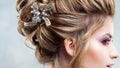 Young beautiful bride with an elegant high hairdo. Wedding hairstyle with the accessory in her hair Royalty Free Stock Photo