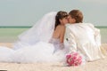 Young and beautiful bride and groom on the beach Royalty Free Stock Photo