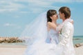 Young and beautiful bride and groom on the beach Royalty Free Stock Photo