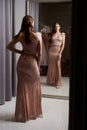 Young beautiful brunette girl wearing a full-length pale pink fitting chiffon prom ball slit gown decorated with