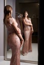 Young beautiful brunette girl wearing a full-length pale pink fitting chiffon prom ball slit gown decorated with