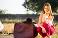 Young beautiful brunette lady teenager waiting a train Royalty Free Stock Photo