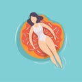 Young beautiful brunette woman floating on air mattress in the shape of donut in swimming pool, top view vector