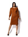 Young beautiful brunette woman with long hair in casual stylish crew neck long-sleeved dress with belt is posing