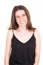 Young beautiful brunette woman wearing casual black shirt over isolated white background smiling happy expression on face natural Royalty Free Stock Photo