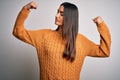 Young beautiful brunette woman wearing casual sweater over isolated white background showing arms muscles smiling proud Royalty Free Stock Photo