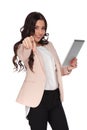 Young beautiful business woman holding tablet and points finger Royalty Free Stock Photo