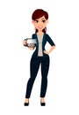 Young beautiful business woman holds coffee pot.