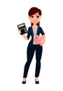 Young beautiful business woman holds piggy bank and calculator.