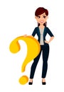 Young beautiful business woman standing near big question mark. Royalty Free Stock Photo