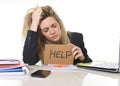 Young beautiful business woman suffering stress working at office asking for help feeling tired Royalty Free Stock Photo