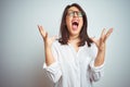 Young beautiful business woman wearing glasses over isolated background crazy and mad shouting and yelling with aggressive Royalty Free Stock Photo