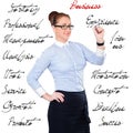 Young beautiful businesswoman with pen writing whiteboard Royalty Free Stock Photo