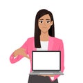 Young beautiful businesswoman showing a blank screen laptop and pointing finger Royalty Free Stock Photo