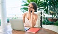 Young beautiful caucasian woman smiling happy working from home speaking on the phone Royalty Free Stock Photo