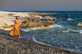 Young beautiful caucasian woman walking on the beach Royalty Free Stock Photo