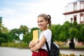 Young beautiful cheerful female student smiling, holding folders outdoors, park background. Royalty Free Stock Photo