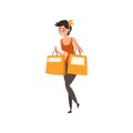 Young beautiful cheerful walking woman with bags, girl enjoying shopping vector Illustration