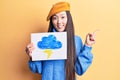 Young beautiful chinese woman holdig cloud and thunder draw smiling happy pointing with hand and finger to the side