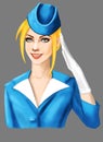 young beautiful comic cartoon style female flight attendant drawing