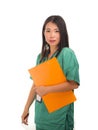 Young beautiful and confident Asian Chinese medicine doctor or hospital nurse woman smiling happy holding medical reports Royalty Free Stock Photo