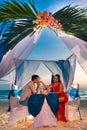 Young beautiful couple have a romantic dinner at sunset Royalty Free Stock Photo