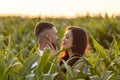 Young beautiful couple in love hugging in corn field at sunset. Royalty Free Stock Photo