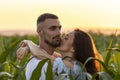 Young beautiful couple in love hugging and kissing in corn field at sunset. Royalty Free Stock Photo