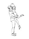 A young beautiful couple in love kisses, the guy lifted and hugs the girl. Modern fashion line sketch, hand drawing for Royalty Free Stock Photo