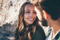 Young beautiful couple walking outside on beautiful sunset. Royalty Free Stock Photo