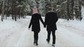 Back view of young and beautiful couple is walking in the winter forest. Milennials man and woman having fun. Winter