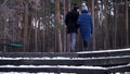 A young and beautiful couple is walking in the winter park, hugging and having fun. A Valentine`s Day and love story Royalty Free Stock Photo